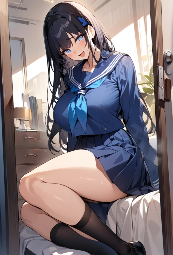 ,He gives,best quality,masterpiece, super fine illustration,1girl,solo,looking at viewer, , sailor collar, serafuku ,blue shirt, long sleeves,   black socks ,kneehighs, black footwear , ,_behind_back,smile,;d,open mouth, large breasts, , perfect face, bangs, black hair, long hair, black hairband, perfect shiny hair, Blue eyes, ultra-detailed eyes, iridescent shiny eyes,Big Breasts、ピンクパンティ、Panties in full view、Rear view、In underwear