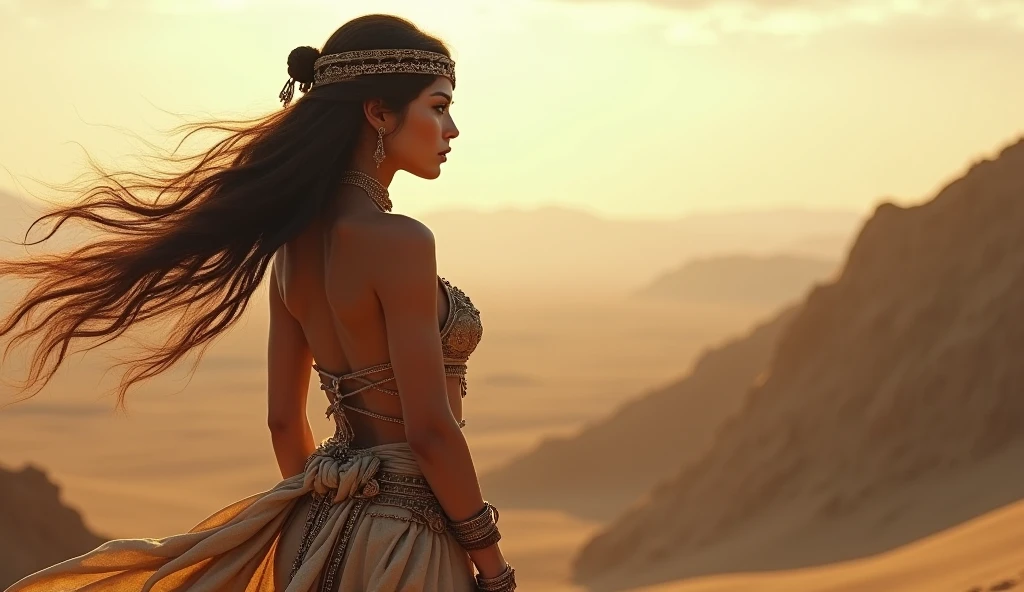 A beautiful Persian warrior woman, full hd, best quality, 1 girl, solo, , beautiful, shapely, big hips, big breasts, innocent, Pure, delicate, Proportional body, perfect body figure, cold face, long hair flying in the wind , Photos with depth, wind, (masterpiece), full hd, best quality, from the back, observing the landscape, perfect face, 1 girl, solo, Portrait of an ancient Persian warrior.