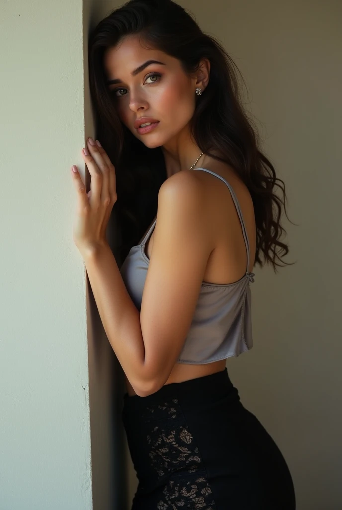 young brunette women, leaning on a wall, wearing a silk top with big boobs and black skirt with details, supermodel, sexy pose, back against the wall