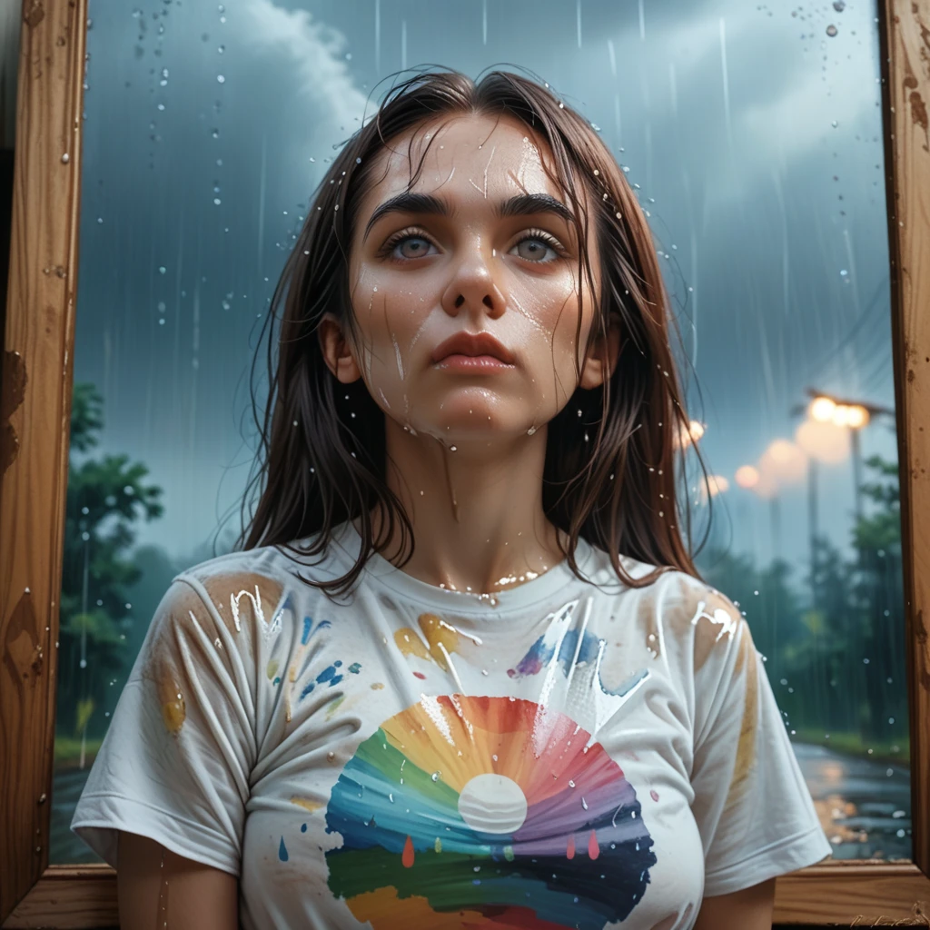 (1 girl) (masterpiece, best quality) woman in a colorful graphic designer t shirt sitting on a dock, , ,  , stormy dark sky, raining, , extreme detail on face (fantasy oil painting)
(), large forehead, large dark eyebrows, large nose, wide chin
(Breasts covering entire torso)
normalized chounyuu ((safe for work:1.3) ((huge breastreasts covered bt shirt)),  by norman Rockwell,  bra visible through clothes,