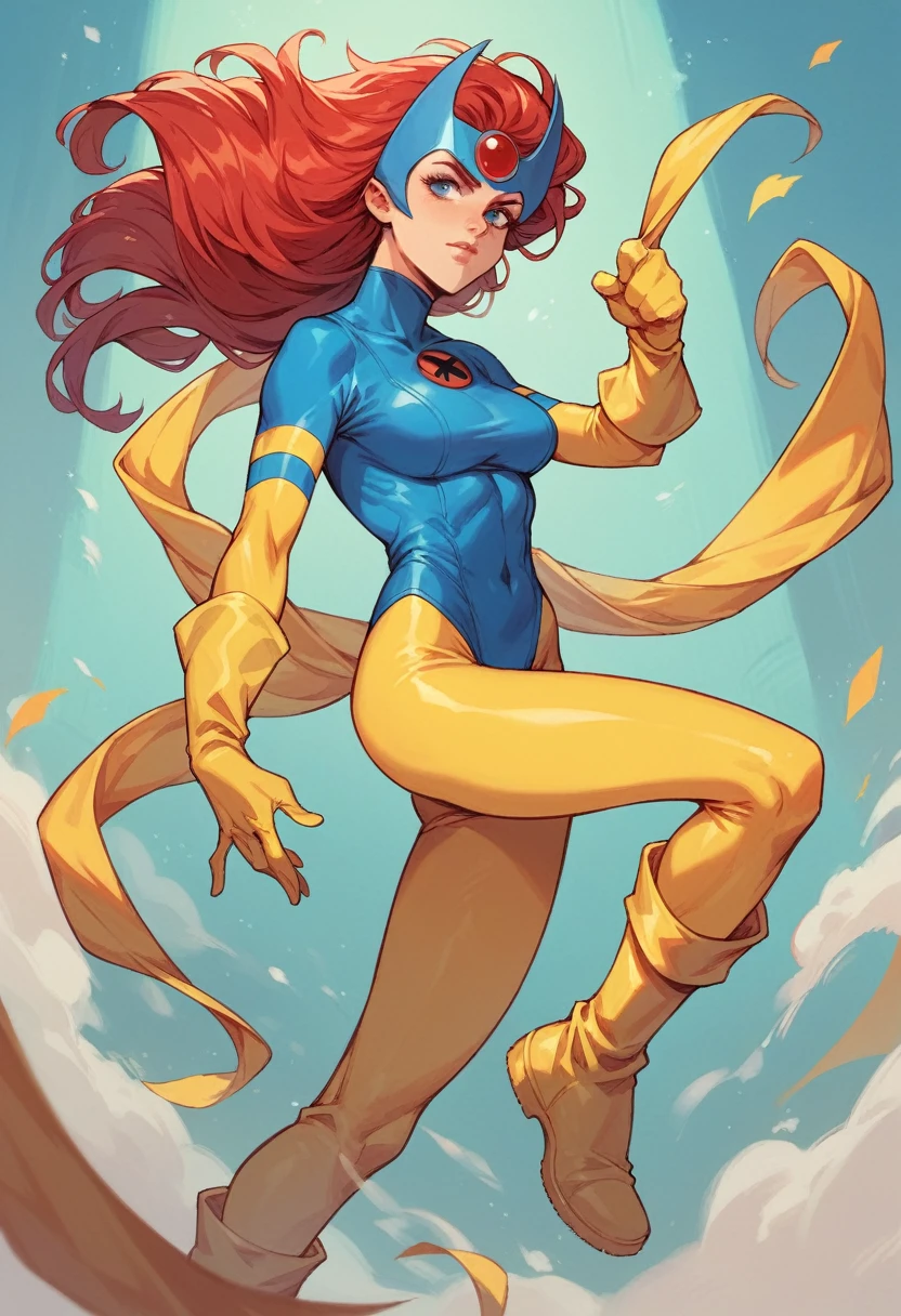1woman, x-men, comics style, long red hair, blue face-framing headpiece, bodysuit, blue top, yellow sleeves, yellow leggings, yellow boots, blue forearm bands,