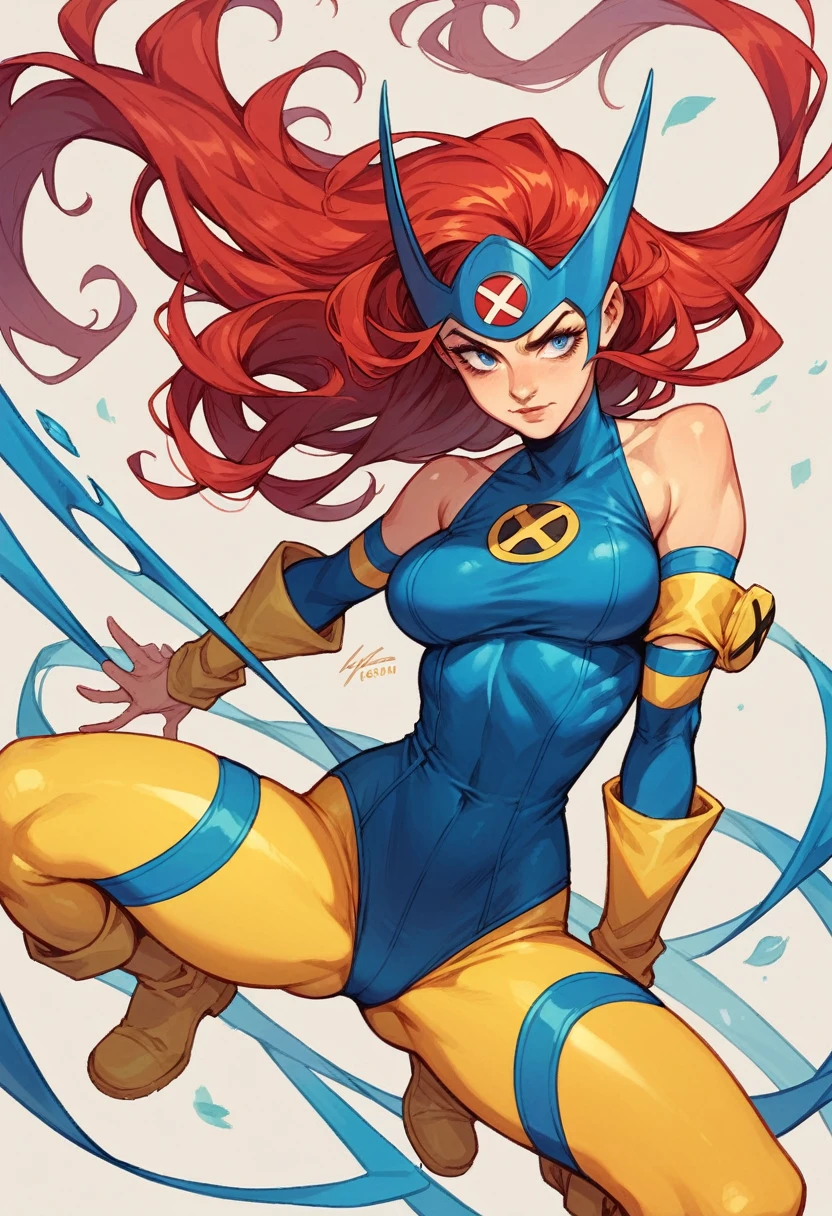 1woman, x-men, comics style, long red hair, blue face-framing headpiece, bodysuit, blue top, yellow sleeves, yellow leggings, yellow boots, blue forearm bands,