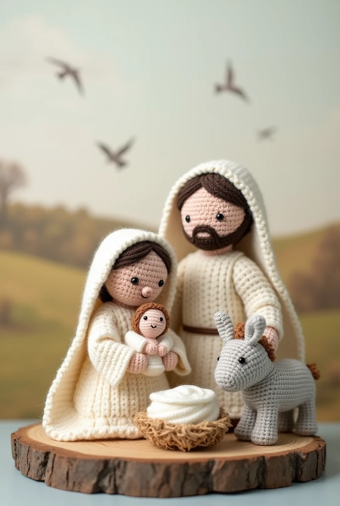 A holy family with mary, san jose, Baby Jesus in light-colored amigurumi, with the donkey and on a wooden log, with a rural landscape in the background, with birds flying and on a grey table