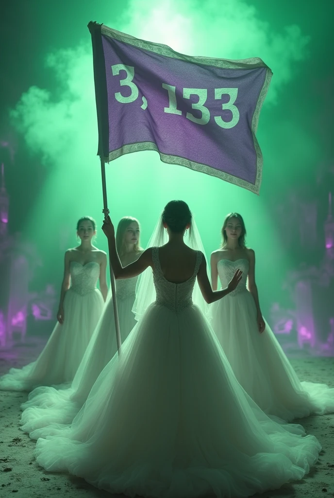 Create video of women in wedding dress holding flag with number 33133 and green and purple image background