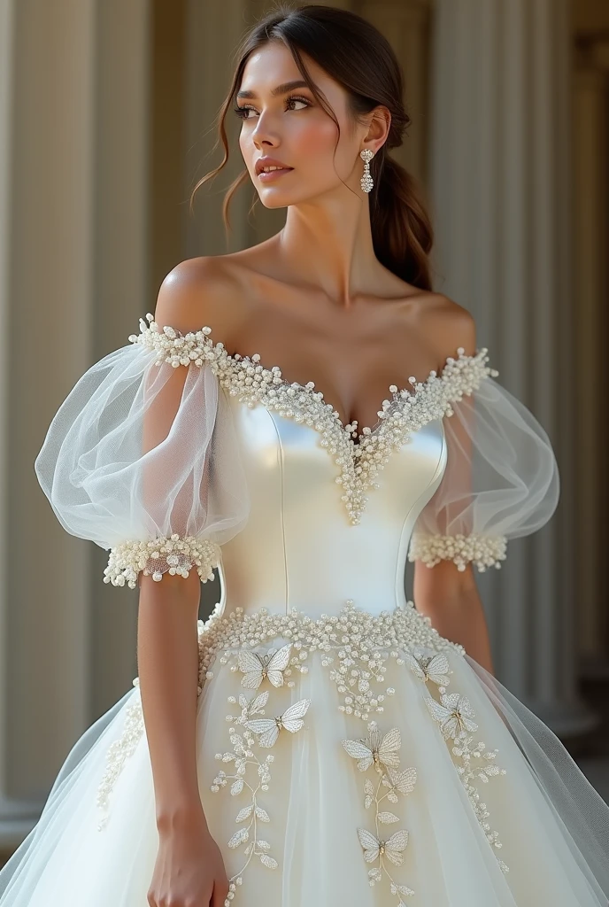 A wedding dress:
Fabric: Silk that enhances your body without being tight, transitioning into netting below the waist.
Fit: The dress shows off your curves while remaining comfortable and not overly tight.
Sleeves: Puff sleeves that are off the shoulders, draping down to the biceps with a trail of netting adorned with pearls hanging from both sleeves.
Neckline: Adorned with pearls, seamlessly integrating into the netting.
Skirt: The silk transitions into netting below the waist, embellished with delicate embroidery of butterflies and pearls.

cover the upper body and don't make the skirt see-through, keep the rest of the dress same and keep the sleeves

make a longer picture show the entire dress

make the neckline less revealing and add embroided butterflies on the skirt

don't make the skirt see-through keep the rest of the dress same

cover up the chest with silk, keep the rest of the dress 