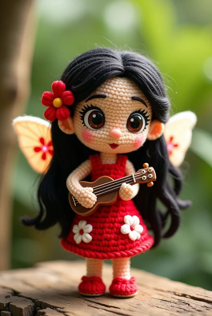 Amigurumi design, a chibi-style fairy version of Lilo Stitch, with dark black hair styled in long, wavy strands, wearing her iconic red dress with white hibiscus flower patterns. Her wings are translucent with a tropical floral design, glowing softly with warm colors. She holds a small ukulele, and her expression is playful and curious. Her shoes are simple red sandals, capturing her carefree island spirit.