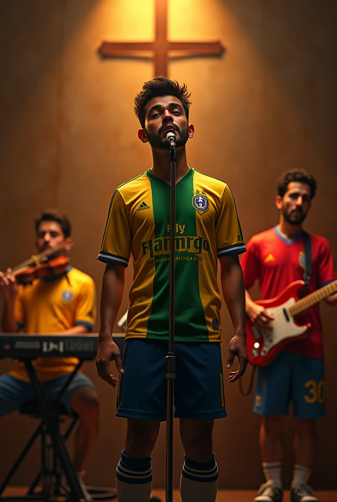 Create an image of a Catholic band with four members, each representing a different Brazilian soccer team. The lead vocalist, wearing a Vasco da Gama jersey, stands at the front with a confident expression. To his right, the keyboardist proudly wears a Flamengo jersey, playing with passion. On the left, the drummer, wearing a Botafogo jersey, is intensely focused on the rhythm. Finally, the violinist, wearing a Fluminense jersey, is positioned to the side, playing gracefully. The setting is a warm, intimate environment with subtle religious symbols, such as a cross or a rosary, to highlight the band's Catholic identity.