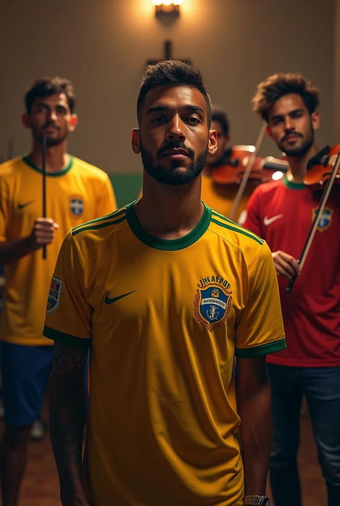 Create an image of a Catholic band with four members, each representing a different Brazilian soccer team. The lead vocalist, wearing a Vasco da Gama jersey, stands at the front with a confident expression. To his right, the keyboardist proudly wears a Flamengo jersey, playing with passion. On the left, the drummer, wearing a Botafogo jersey, is intensely focused on the rhythm. Finally, the violinist, wearing a Fluminense jersey, is positioned to the side, playing gracefully. The setting is a warm, intimate environment with subtle religious symbols, such as a cross or a rosary, to highlight the band's Catholic identity.