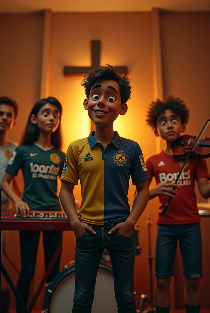 Create an image of a Catholic band with four members, each representing a different Brazilian soccer team. The lead vocalist, wearing a Vasco da Gama jersey, stands at the front with a confident expression. To his right, the keyboardist proudly wears a Flamengo jersey, playing with passion. On the left, the drummer, wearing a Botafogo jersey, is intensely focused on the rhythm. Finally, the violinist, wearing a Fluminense jersey, is positioned to the side, playing gracefully. The setting is a warm, intimate environment with subtle religious symbols, such as a cross or a rosary, to highlight the band's Catholic identity.
