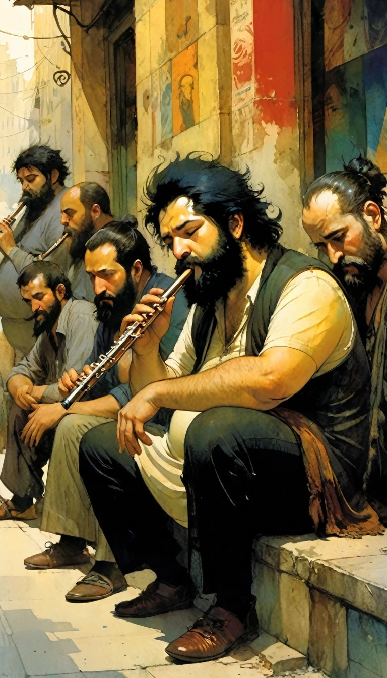 young Turkish man, black hair and beard, with a big belly, sitting on the street playing a flute while several poor men look at him in the audience, art inspired by Bill Sienkiewicz and Dave McKean