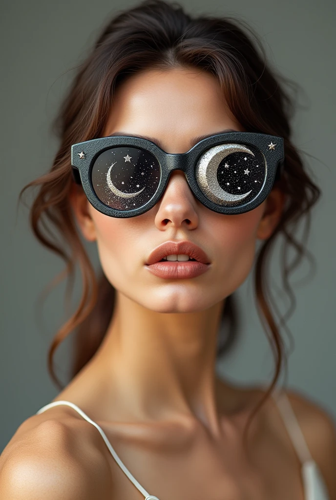 The model is wearing glass sunglasses with stars and the moon on the glass