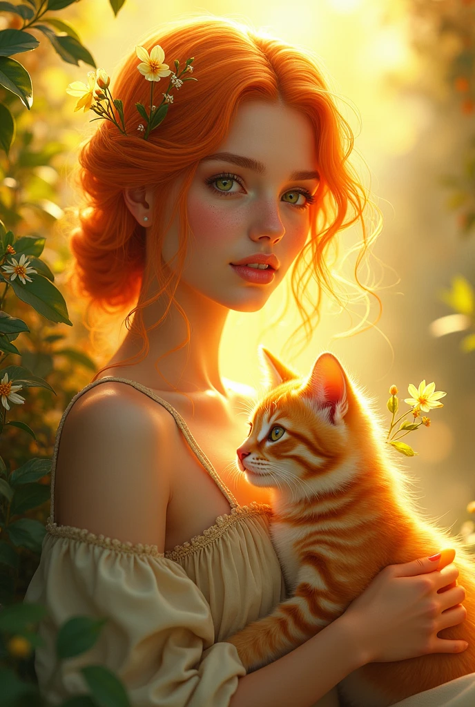 Create an image, on which there will be a person, Young woman, which lives in the sun, she has orange hair and green eyes. She has a pet kitten.. The kitten has fur made of sun rays