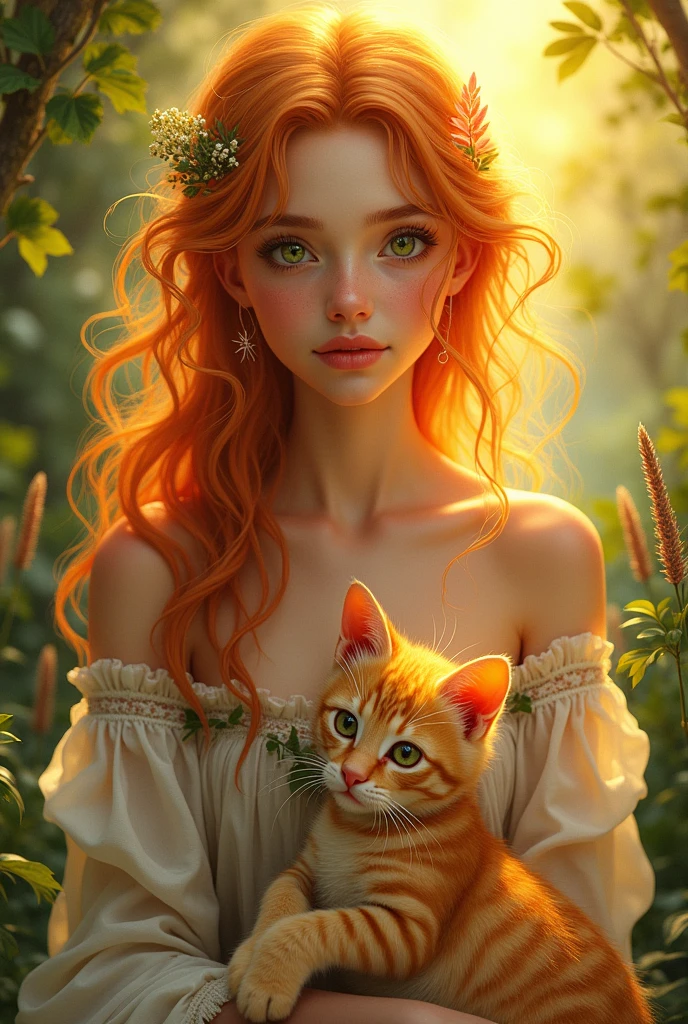 Create an image, on which there will be a person, Young woman, which lives in the sun, she has orange hair and green eyes. She has a pet kitten.. The kitten has fur made of sun rays