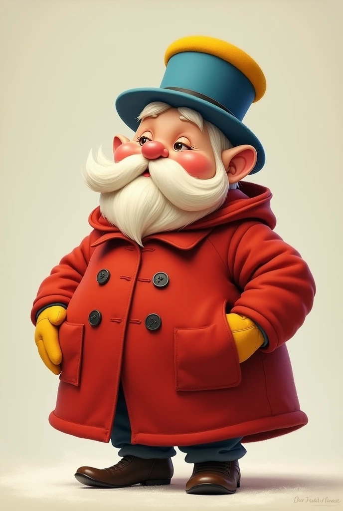 Make a fat one, wearing a red coat with a blue and yellow hat, with yellow gloves