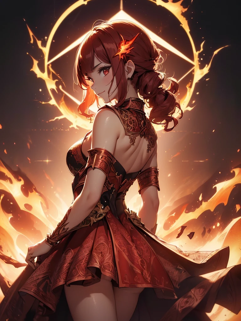 (((best quality, sharp image, clear image, cinematic lighting, 8k resolution, masterpiece, ultra detailed, intricate))) Girl, sorcerer, cute, intricate dress, smiling, fiery red, ((intricate background)), (rune frame), dimension, ((shot from behind)), fire sigils, chaotic background.