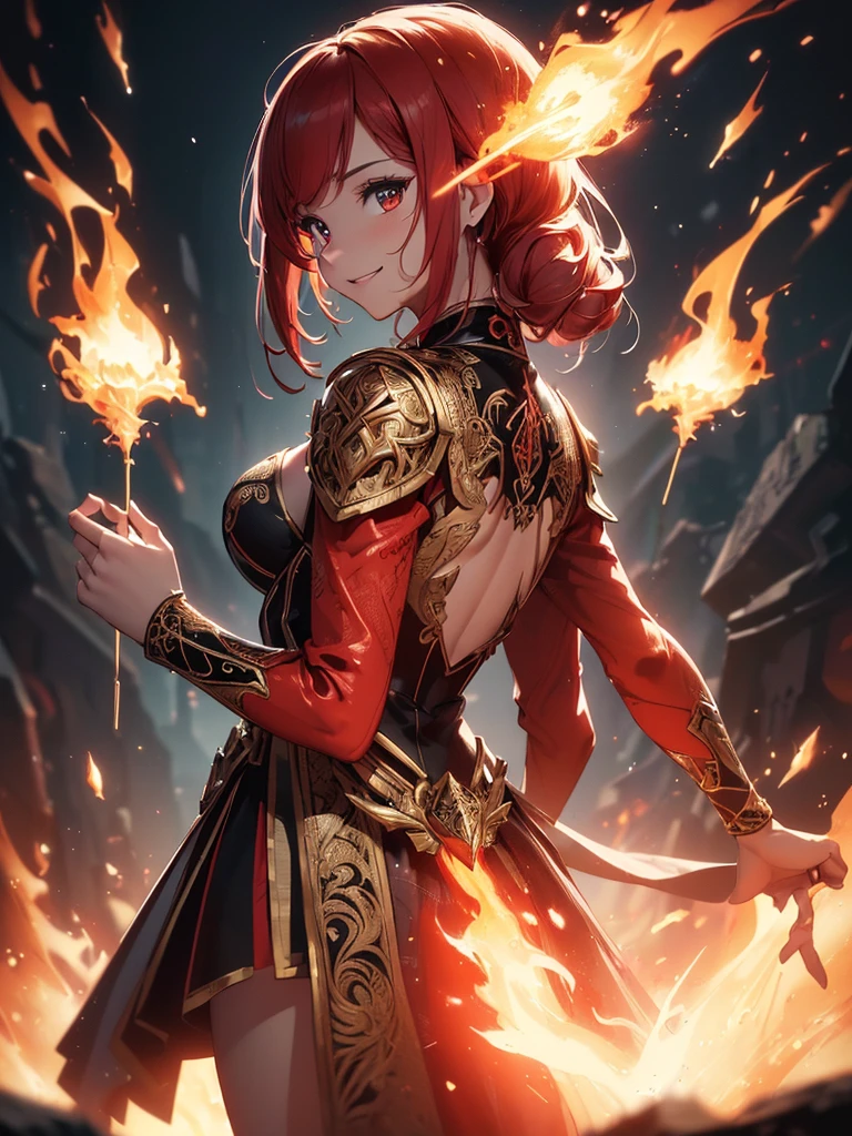 (((best quality, sharp image, clear image, cinematic lighting, 8k resolution, masterpiece, ultra detailed, intricate))) Girl, sorcerer, cute, intricate dress, smiling, fiery red, ((intricate background)), (rune frame), dimension, ((shot from behind)), fire sigils, chaotic background.
