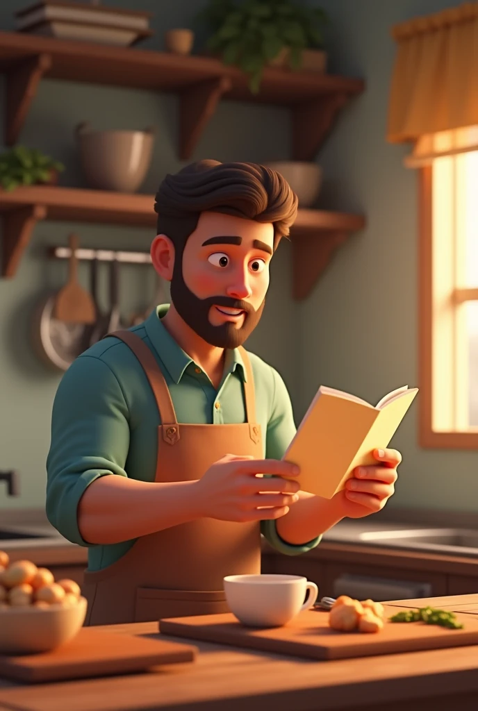 Husband: “I think this ingredient goes in next.”

3D Animation: Husband holding an ingredient, looking at a recipe book or card.
