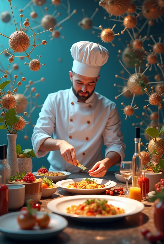 Image where you can see a chef, food, molecules and the human brain that refers to applied neurogastronomy