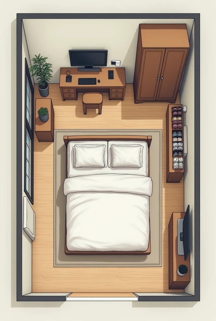 The measurements are wrong, I will pass them on for your better understanding.: the room is 375cm wide and 305cm long, proto, 11,43 square meters. On the biggest wall, i.e., in the 375cm wide wall there is a 75cm wide door. About furniture, inside this room there must be: a very large bed 160cm wide and 200cm long; In the small space that remains, there should be a dressing table measuring 135 cm long and 40 cm deep. ; a shoe rack 35cm long and 60cm deep; a wardrobe measuring 210cm long and 56cm deep; and a 36-inch television. Follow it strictly, i.e., very accurately, the measures provided.