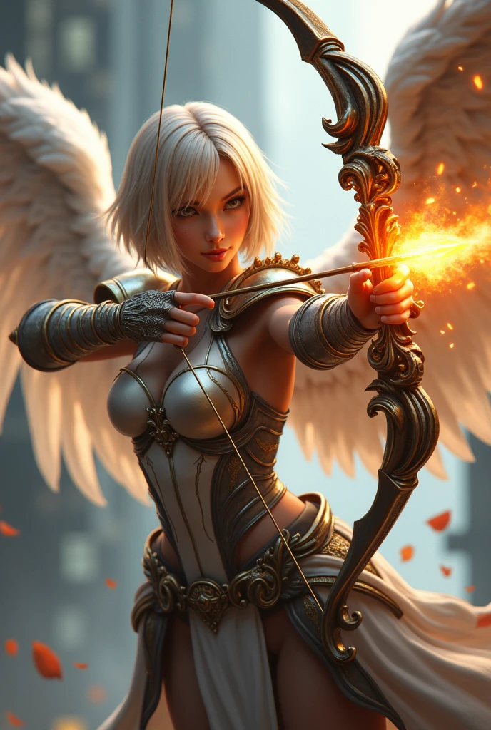 Modern scenery, female, Angel, realistic style, holding intricate bow, aiming a flaming arrow at me, angelic armor, Caucasian, short straight dark blonde hair, no skin showing except hand and face, determined look, six wings