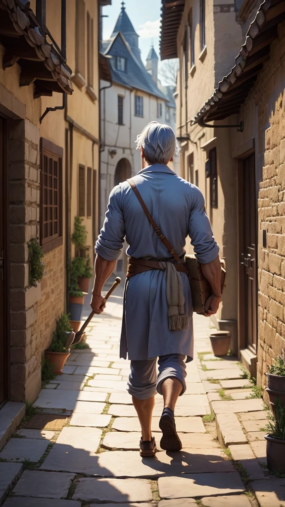 The stonecutter, back in his original form, looks content while carrying his tools, walking through a peaceful village with a warm smile.