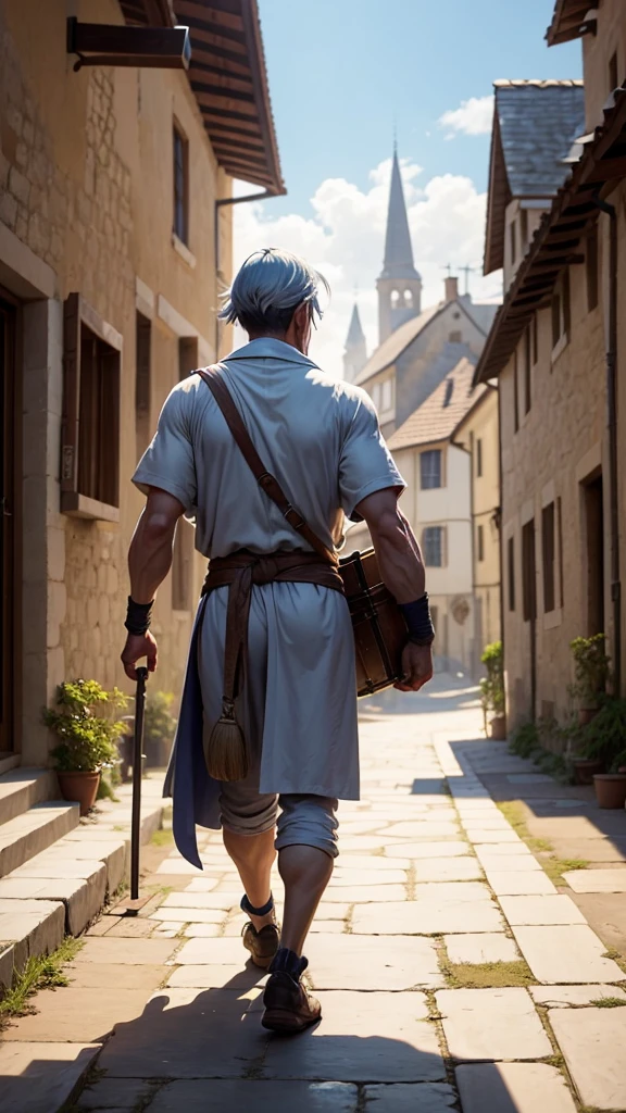 The stonecutter, back in his original form, looks content while carrying his tools, walking through a peaceful village with a warm smile.