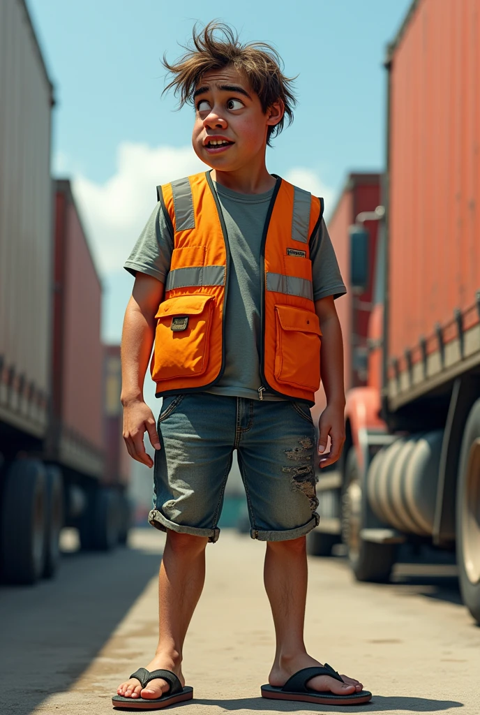 disheveled truck driver in shorts and flip flops, wearing the reflective vest backwards
