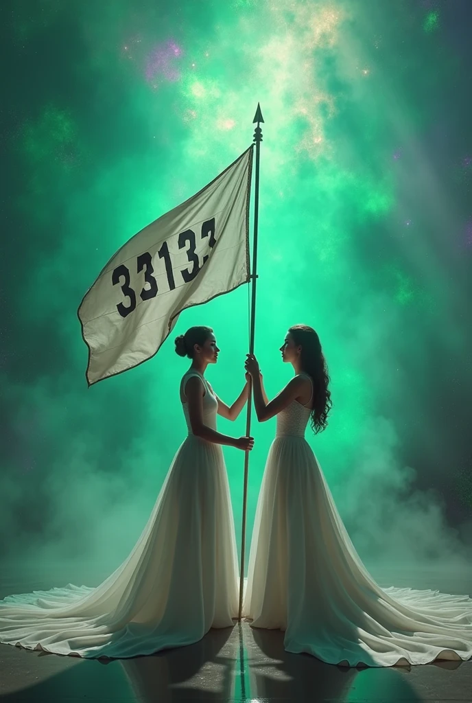 Create video of women in wedding dress holding flag with number 33133 and green and purple image background