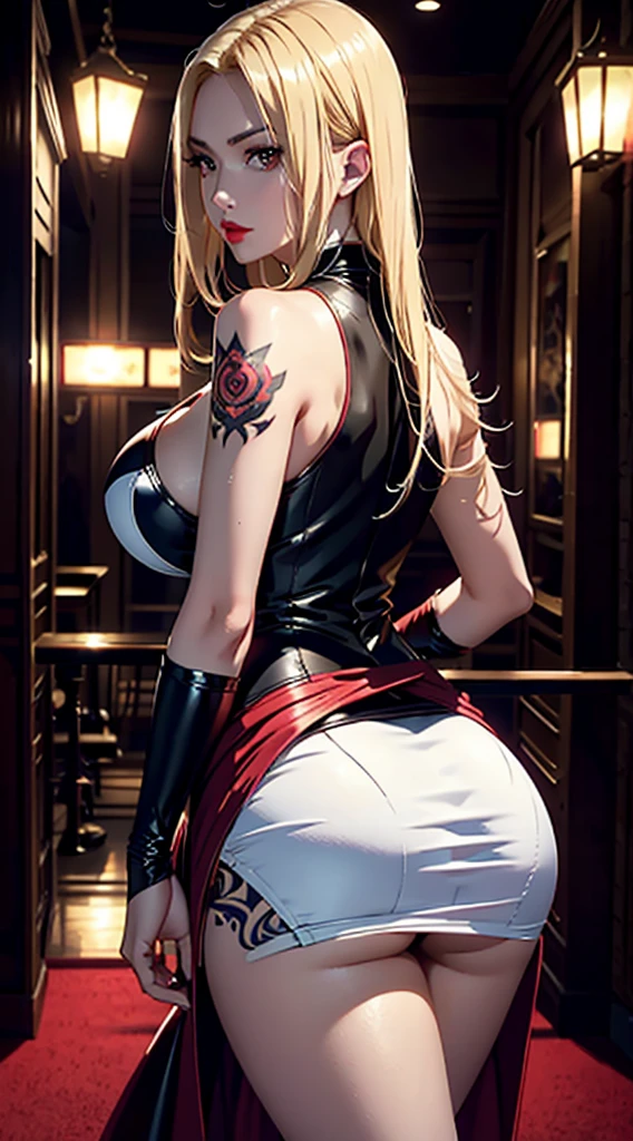 a blonde woman dressed in black with a sword, Beautiful and seductive, animated style, pixiv, Best Quality, masterpiece, thirty one years, White skin, Brown eyes, Red lips, by the wide,, anime woman, long and elegant tail behind, artgerm style, morgana from league of legends, bare legs, White skirt, tattoo, Curvy body, from behind, looking at the viewer, strip club background, red lights, midnight High quality detailed art 8k, extremely detailed artistic germ, artistic germ style, succubus in short tight dress, supervisor moira, Beautiful and elegant demon queen
