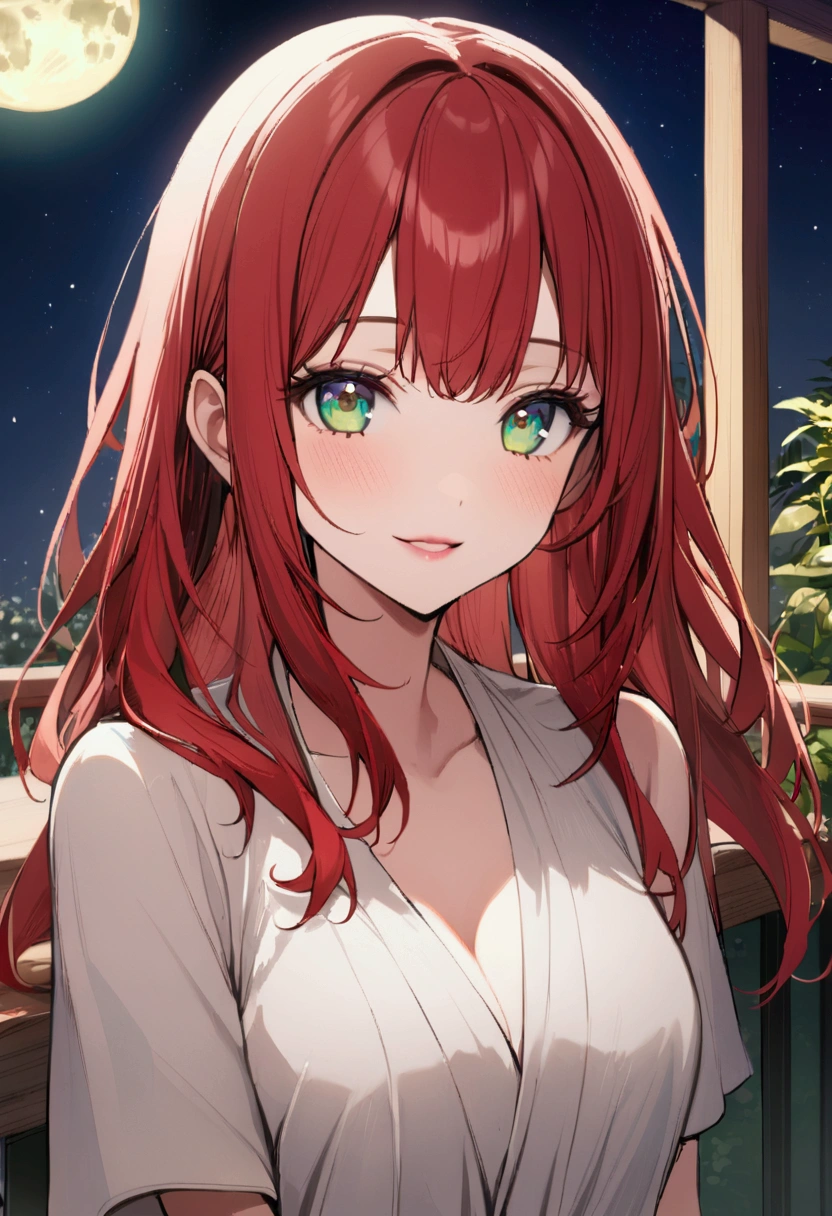 1 girl, a high resolution, high quality, no blur, without mutations, Clear face, Clear facial features, clear lips, clear eyes, long red hair, emerald colored eyes, smile, high quality изображения, Summer veranda, full moon, night sky, stars, Summer veranda