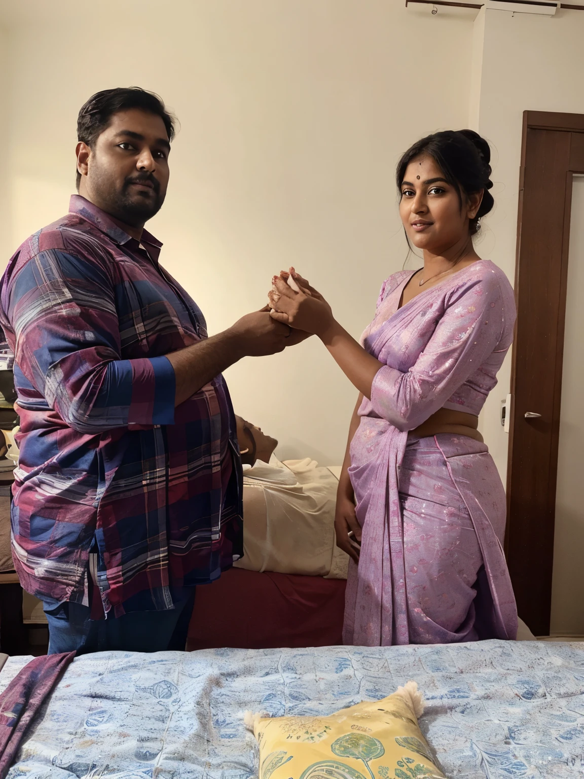 a 50-year-old shirtless man affectionately hugging and kissing aradiant, full-figured South Indian plus-sized 30 year old teacher wearing a blue silky saree in bed room, captured in a full-body image with vibrant hues and meticulous details. Full body image