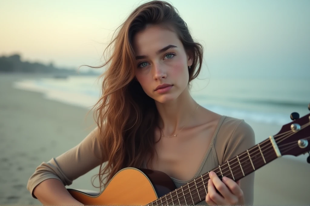 fot, taken from a distance that shows the entire body, She is very young, plein-air, em uma praia, sexy short dress, medium hips, Caucasian skin, sad for a lost love, long brown hair, a softened wry smile - contained excitement, Soft lighting on your face, realistic skin-clothes-hair textures, sky blue eyes carpeted mist, beautiful real textures and delicate aesthetics, full body view, playing guitar, notable for natural feminine beauty, noise, 8 k quality, FOTO RAW, by professional photographer, rule of thirds, Extremely Detailed
