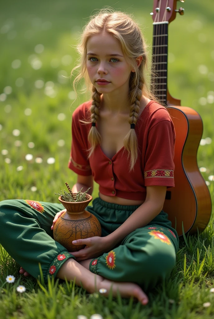 adolescent, sitting on the green grass, closed legs, Knees together, wearing green ankle-length odalisque-style pants, with printed flowers on the side stripes of the pants. Red cropped blouse, leaving part of the belly uncovered. Blonde hair braided in the Rastafarian style. Holds a gourd with herbs and a straw in one hand, atras dela uma guitarra Gretsch modeo white eagle