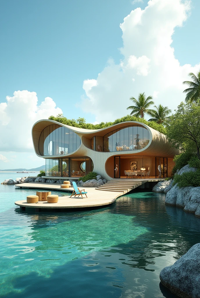 A TOURIST CARE CENTER Facade: The main facade could be composed of curved glass panels that reflect the water of the lagoon and the sky..
interior: The interior spaces could be organized around a central courtyard that simulates an interior lagoon..
deck: The cover could be green, with native vegetation, contributing to the improvement of air quality and the reduction of temperature.
Furniture: Furniture with curved lines and natural materials will be used, like wood and wicker.