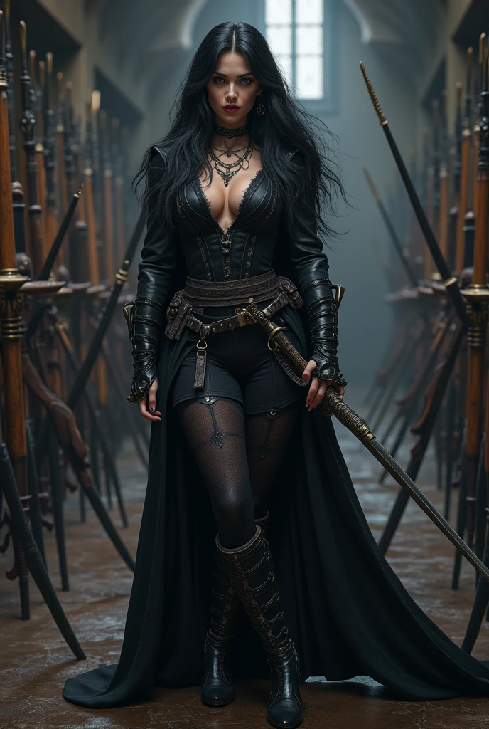 Yennefer von Vengerberg from the videogame The Witcher in sexy pose with sword in hand in weaponroom of a middleaged castle