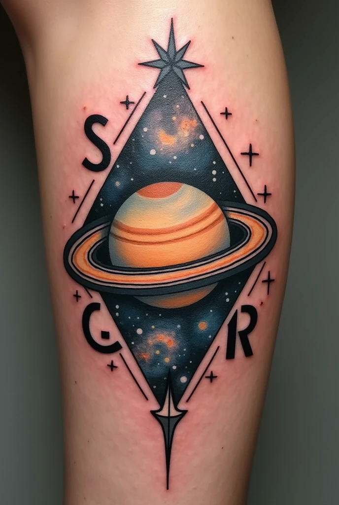 A tattoo with Saturn in the middle and the initials S,g,R and a star