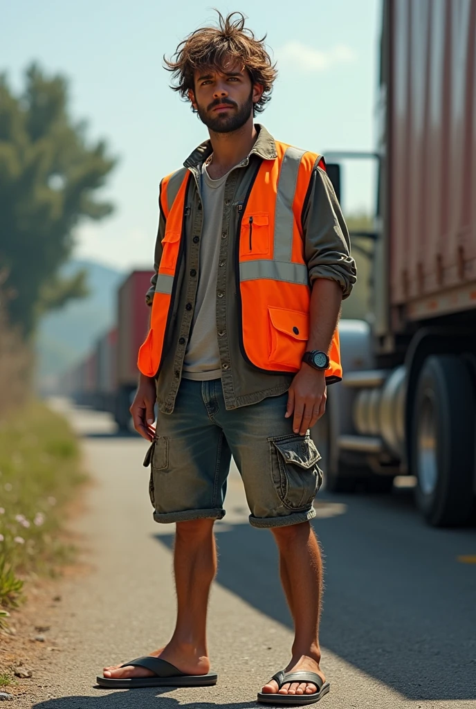 disheveled truck driver in shorts and flip flops, wearing the reflective vest backwards
