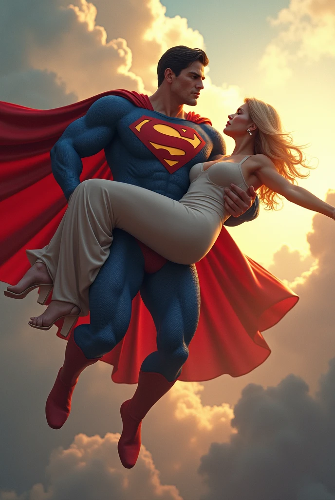 make a white superman saving a fat blonde woman in a dress, he is flying with her in his arms