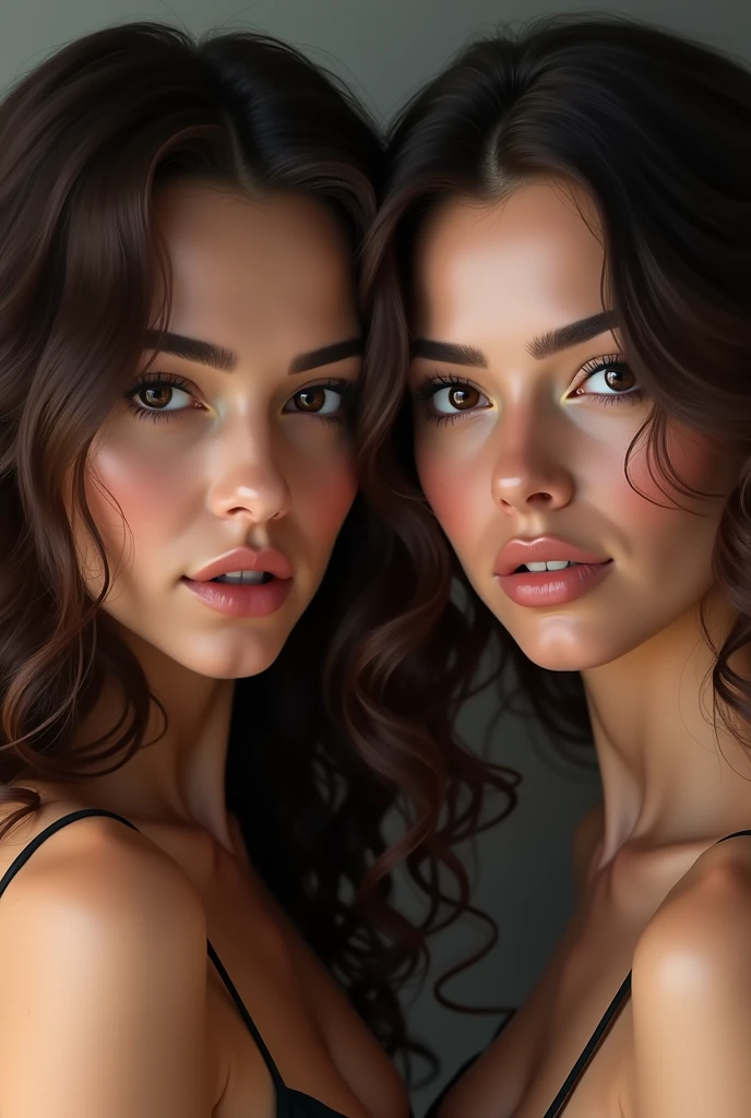 photorealism, 2 brunette woman, dark eyes dark curly hair, small nose and defined lips, small waist, medium tits