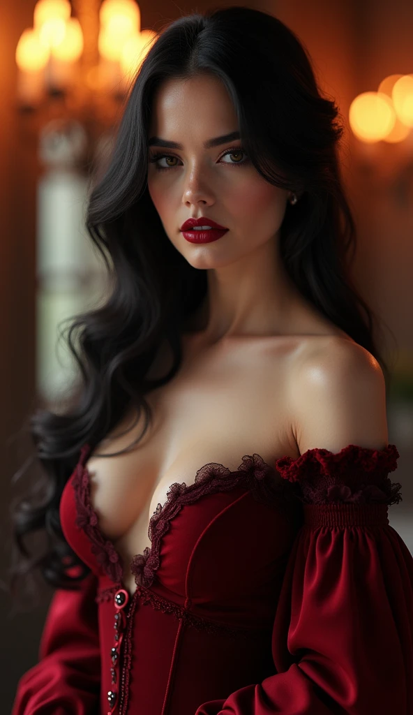 Glamorous vampires, (European woman), Bokeh flame background, Noble, Elegant, Provocative, perfect bodies, A half body, 8k, High level of detail, detail in face, Red lips, Low-cut tights, Deep eyes
