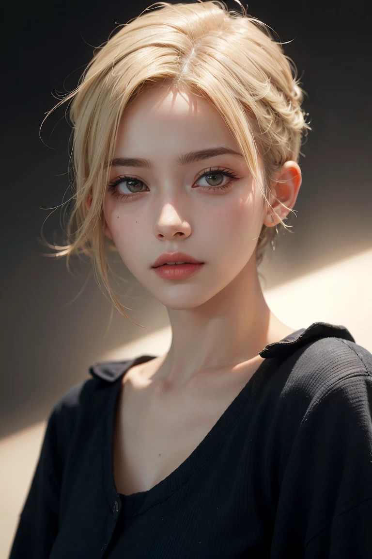 uma mulher de 20 anos, blond, (high fade:1.3), dark theme, soft shades, subdued colors, hight contrast, (natural skin texture, Hyper-Realism, smooth light, Spitz)