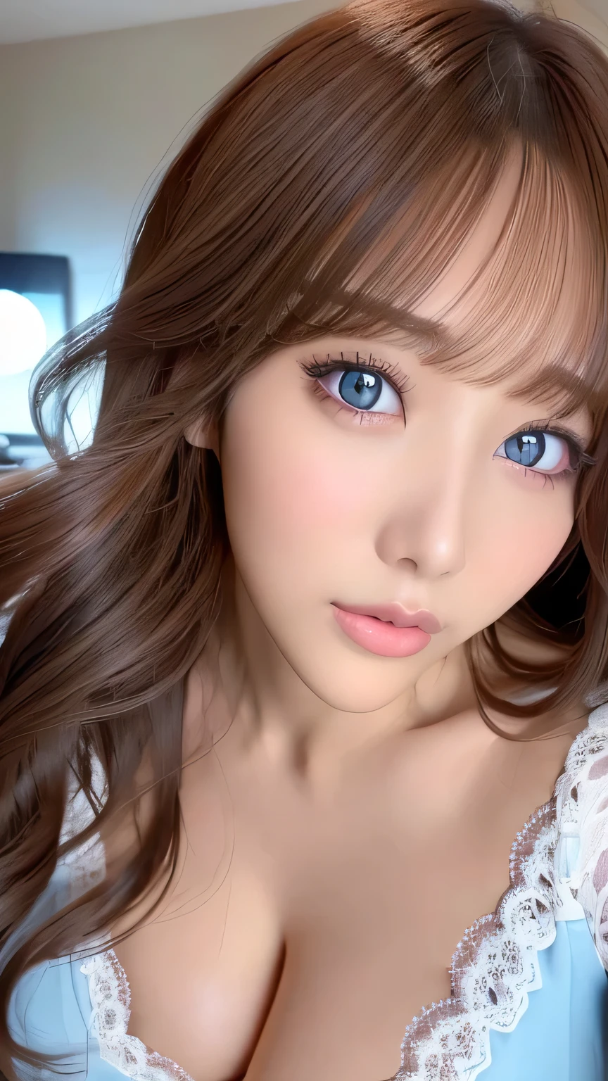 Unparalleled beauty, Shiny, firm, glowing skin, Bangs between the eyes, Beautiful luster, Glossy lips,Super long wavy hair with bangs, Super long straight silky hair, eyeliner, sexlyで美しい無邪気なギャル, High resolution, Very bright and beautiful big glowing light blue eyes、Very big eyes、Beautiful and adorable, Gal Makeup、Nightlife at the night pool、((huge beautiful breasts 、Shiny and very erotic big breasts))、((erotic、sexly、spouse、超High resolution、The lighting is bright、Precise needles without discomfort))
