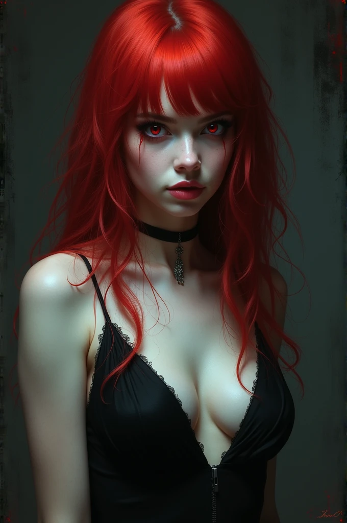 A girl with red hair,Red eyes,skin as white as snow and a dress:tight,low cut and short black 