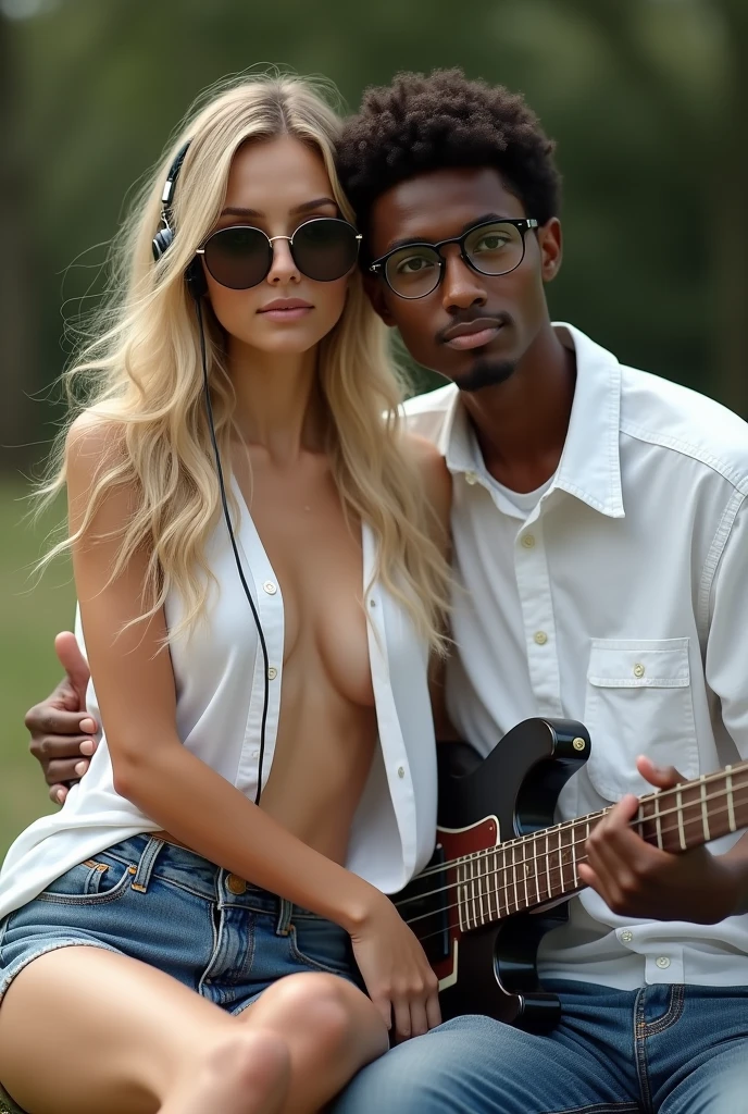 Create a photo of a 30 year old woman, with a slender and beautiful body, wearing jean shorts and an open white shirt, with white and clear skin, with long blond hair, wearing a headset and sunglasses and is sitting on the lap of a dark skinned black teenager, homely, Scrawny, bass guitar, who wears glasses and wears a white shirt and jeans