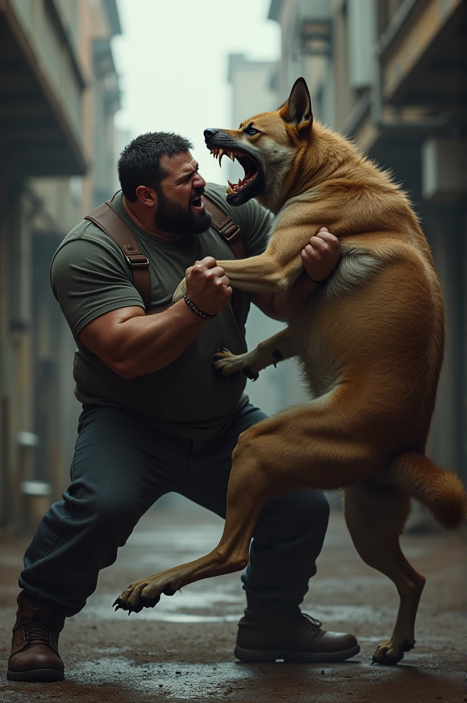 A guy beating up a muscular dog