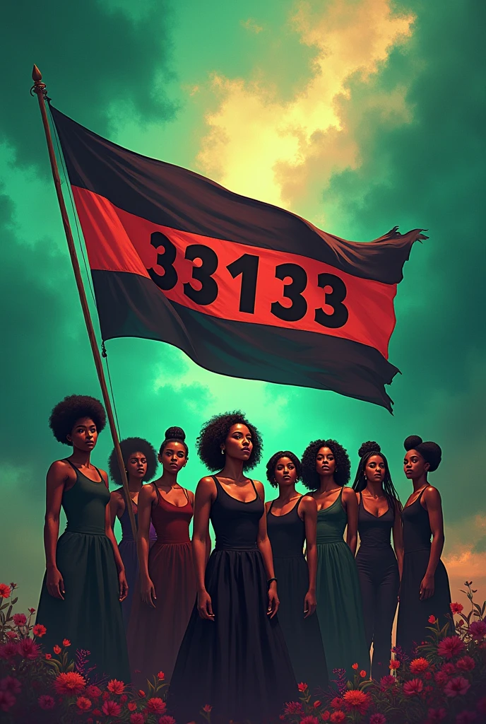 Create video of black women holding flag with number 33133 and green and purple image background