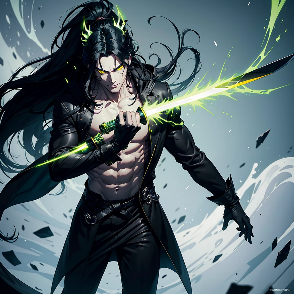 Full body, man, long black hair, snow white skin, glowing yellow eyes. Black overcoat, no shirt, abs, green details, Holding a glowing green katana, Black gloves, black high boots, big Demonic black wings, black horned crown, Simple background, solo, grin, floating hair, evil looking