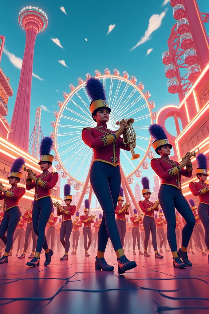 Generate a marching band flayer with a fairground background that is somewhat modern and futuristic