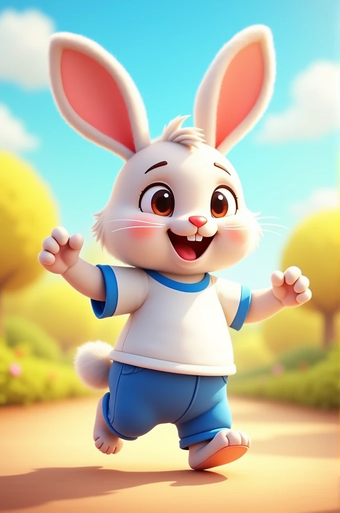 An animated rabbit wearing a white t-shirt with blue edges and blue pants