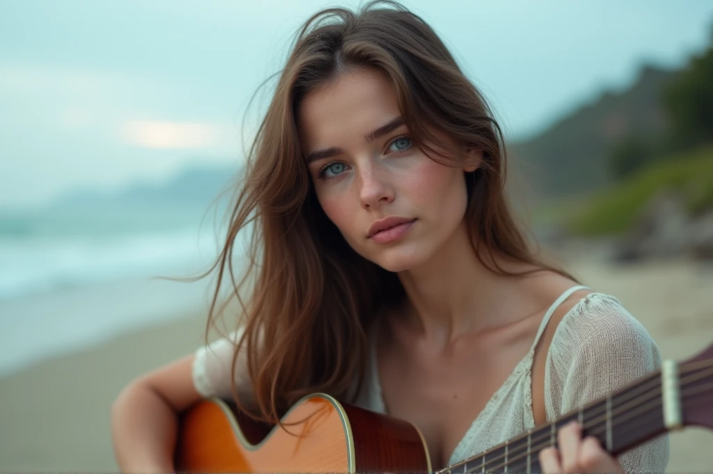 fot, taken from a distance that shows the entire body, She is very young, plein-air, em uma praia, sexy short dress, medium hips, Caucasian skin, sad for a lost love, long brown hair, a softened wry smile - contained excitement, Soft lighting on your face, realistic skin-clothes-hair textures, sky blue eyes carpeted mist, beautiful real textures and delicate aesthetics, full body view, playing guitar, notable for natural feminine beauty, noise, 8 k quality, FOTO RAW, by professional photographer, rule of thirds, Extremely Detailed